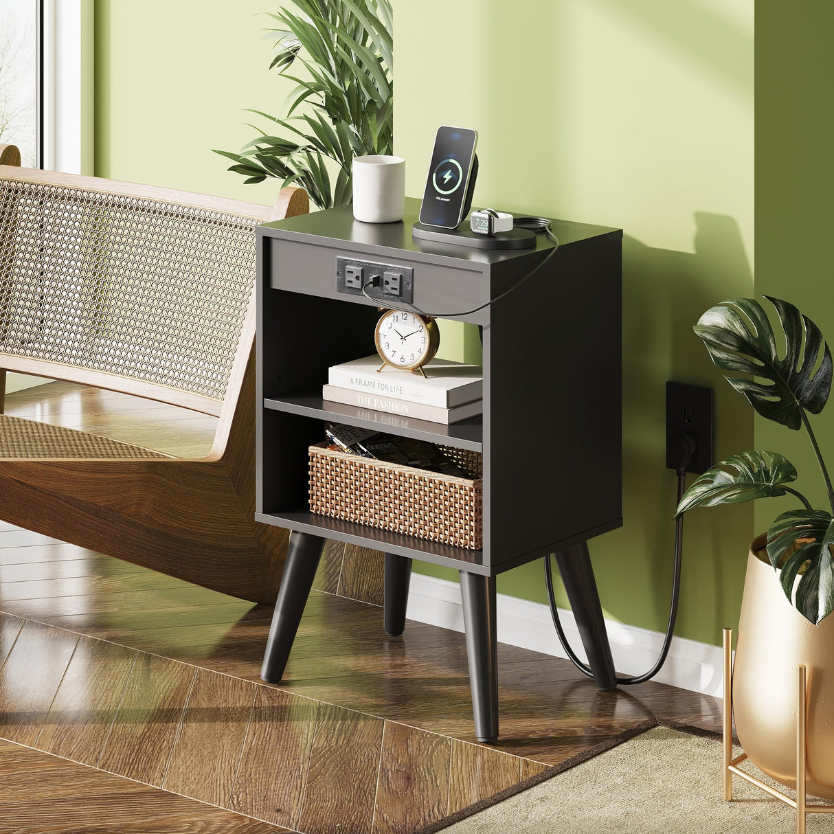 WLIVE Black Nightstand, Night Stand with Charger Station, Bedside Table, Side Table with Storage Shelf, End Table with USB Ports and Outlets for Bedroom, 15.12" D x 11.73" W x 23.74" H WLIVE