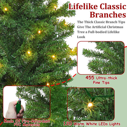 5 Ft Alpine Artificial Christmas Tree with Thick 455 Classic Pine Branch Tips, 120 Warm White Lights, Metal Stand UL Plug Fire-Resistant Slim Xmas Pencil Tree for Holiday Home Indoor Decoration