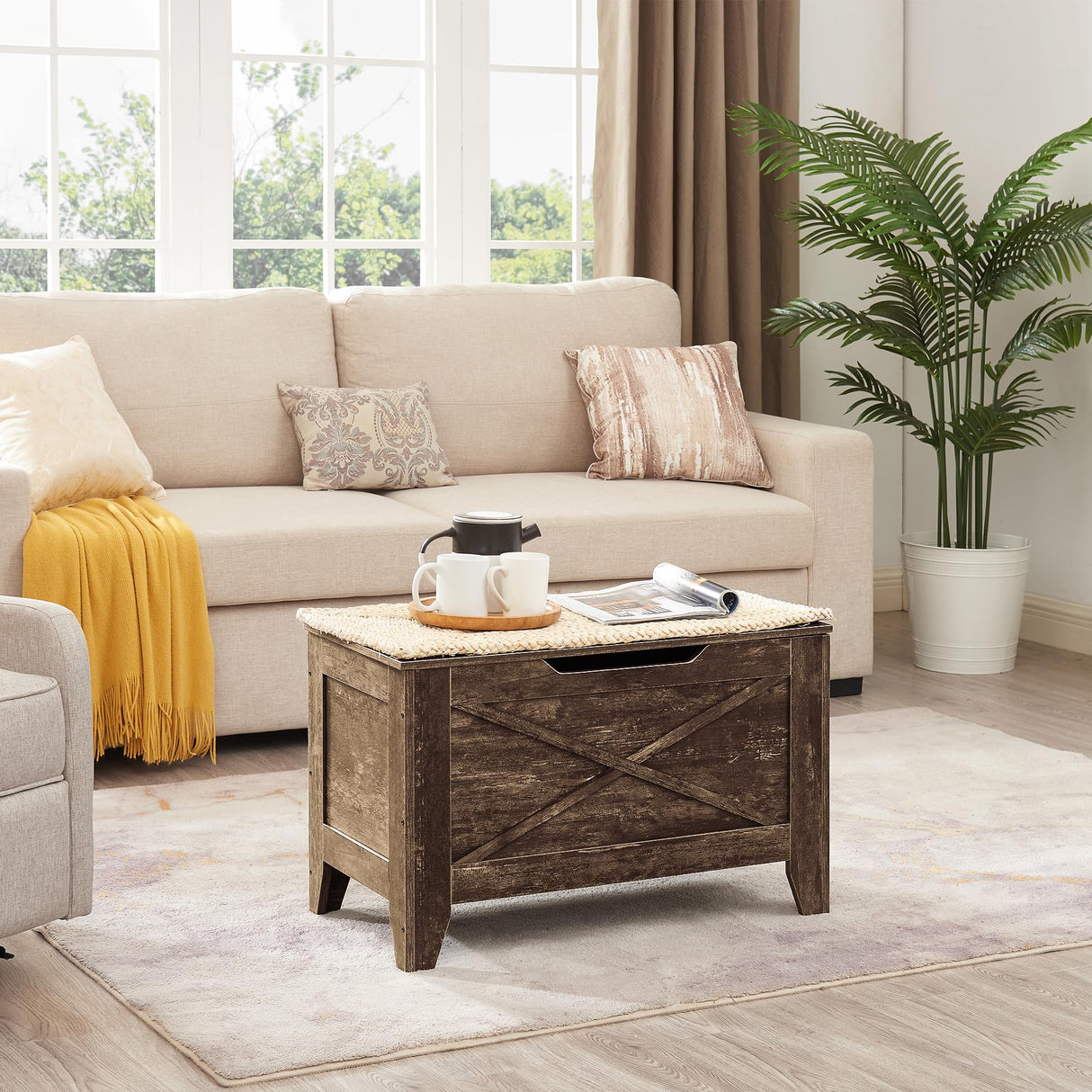 VECELO 30.5" W Farmhouse Storage Bench with Handwoven Wicker-Style Cushion, Entryway Shoe Ottoman with Metal Safety Hinges, Rustic Shoe Bench for Bedroom, Living Room, or Entryway, Brown VECELO