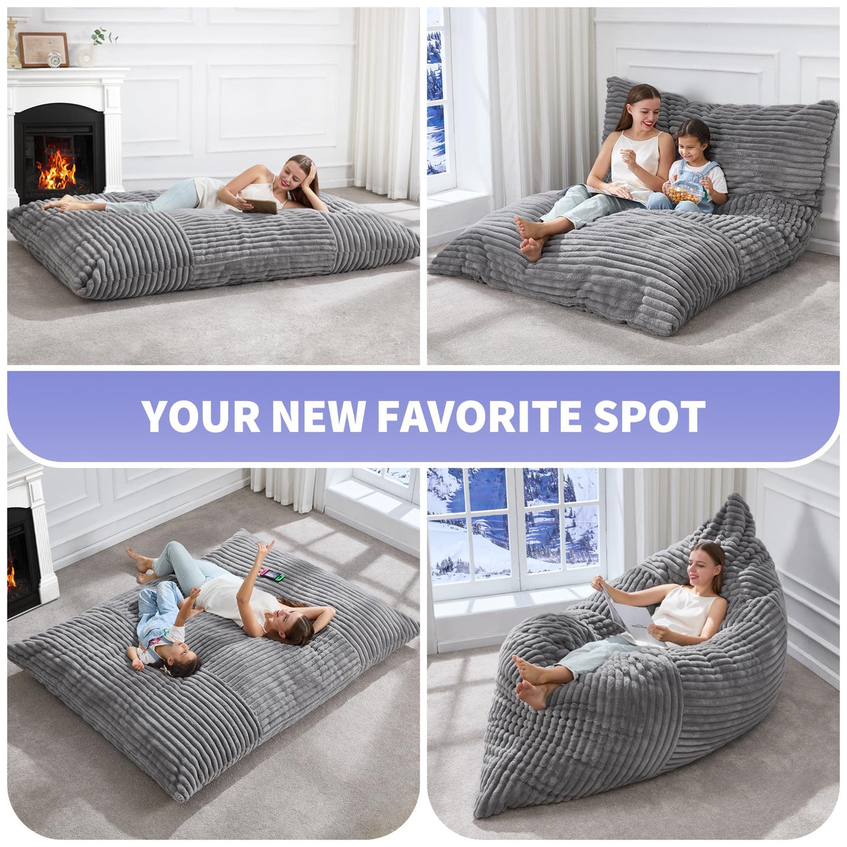 Hobestluk 3 in 1 Bean Bag Chair Giant Bean Bag Chairs Convertible Bean Bag Floor Cushion with Machine Washable Cover, Beanbag Chairs for Adult (Grey) Hobestluk