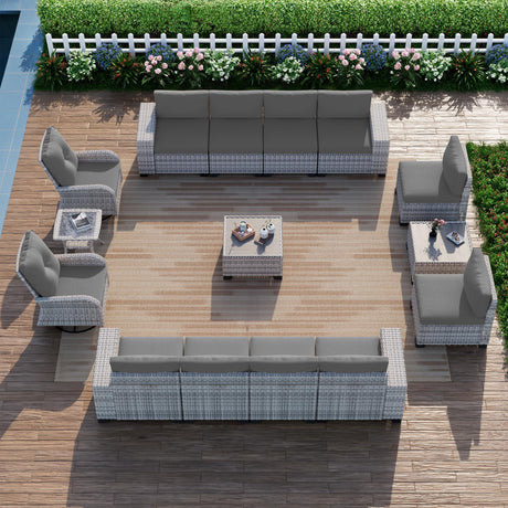 Muphyers 15-Piece Outdoor Patio Furniture Set with Rocking Swivel Chair Wicker Sectional Sofa Set, Patio Conversation Set with Thickened Cushions & Coffee Table for Garden, Backyard, Poolside, Grey Muphyers