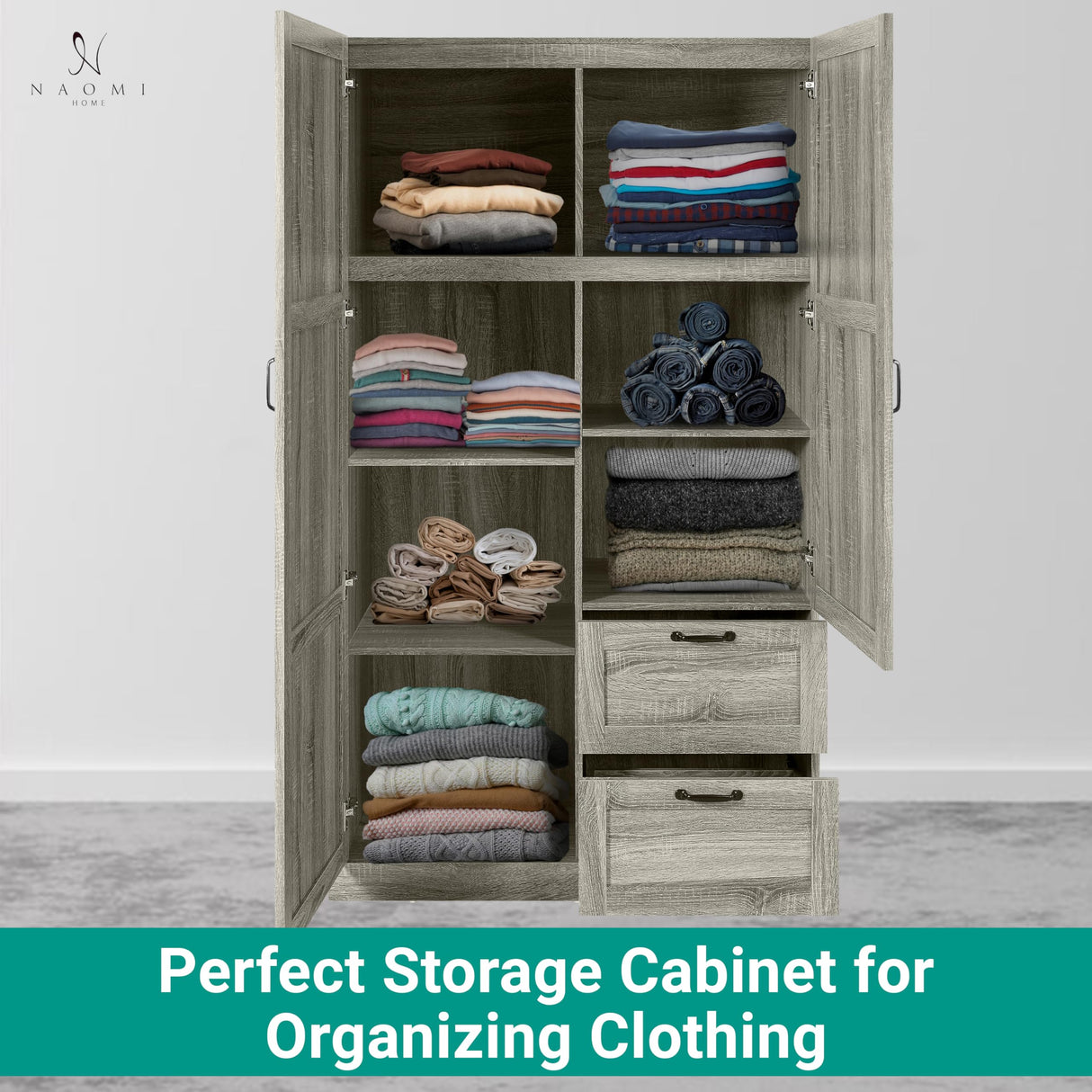 Naomi Home Grey Oak Storage Cabinet with 2 Barn Doors, 2 Drawers & Adjustable Shelves – Modern Wardrobe Closet Armoire for Bedroom, Entryway & Utility Room Naomi Home