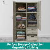 Naomi Home Grey Oak Storage Cabinet with 2 Barn Doors, 2 Drawers & Adjustable Shelves – Modern Wardrobe Closet Armoire for Bedroom, Entryway & Utility Room Naomi Home