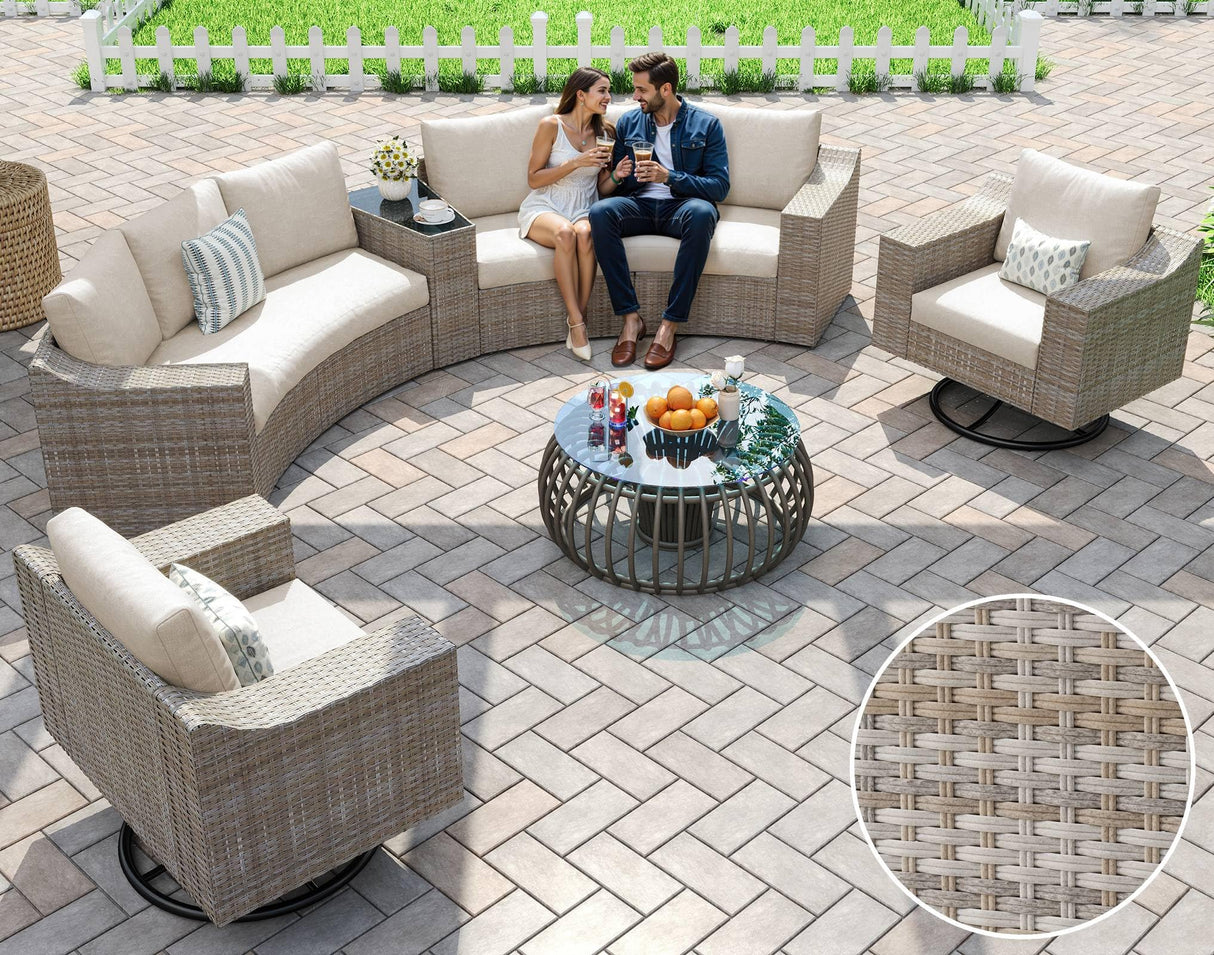LUXOAK 9-Piece Wicker Patio Furniture Set with Swivel Rocking Chairs, Curved Sectional Sofa with Storage Table, All-Weather Outdoor Conversation Set with 6" Armrests, for Backyard/Garden/Deck LUXOAK