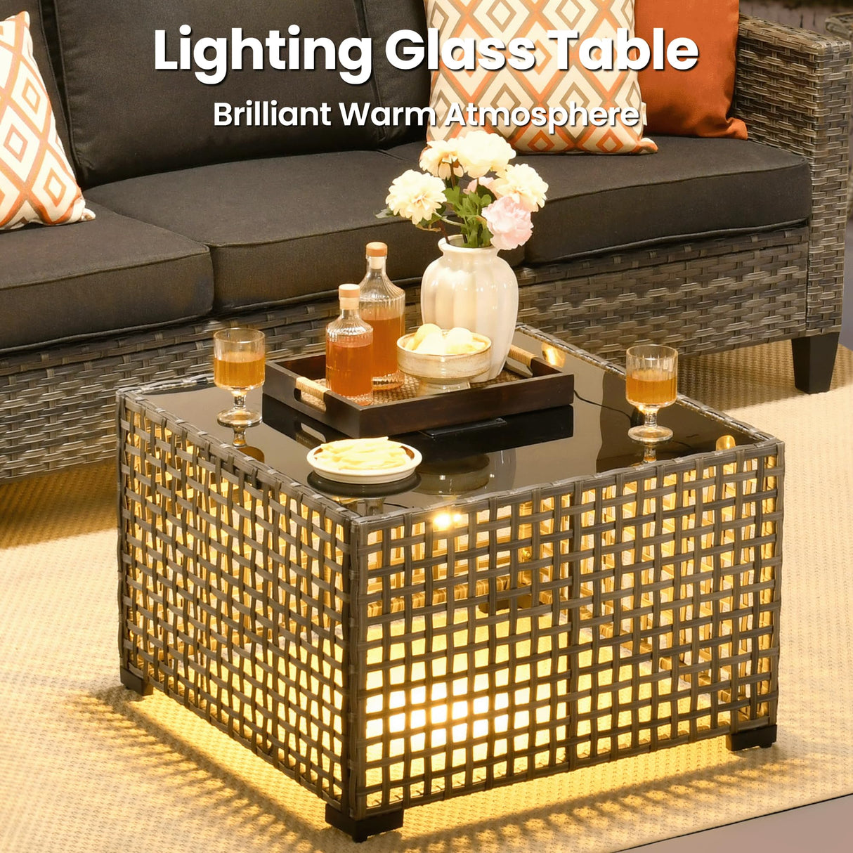 ovios 9 Pieces Patio Furniture Set, Outdoor Wicker Sofa Couch with Rocking Swivel Chairs Fire Pit Table, Modern Deep Seat Rattan Conversation Sets for Porch Deck, Black ovios