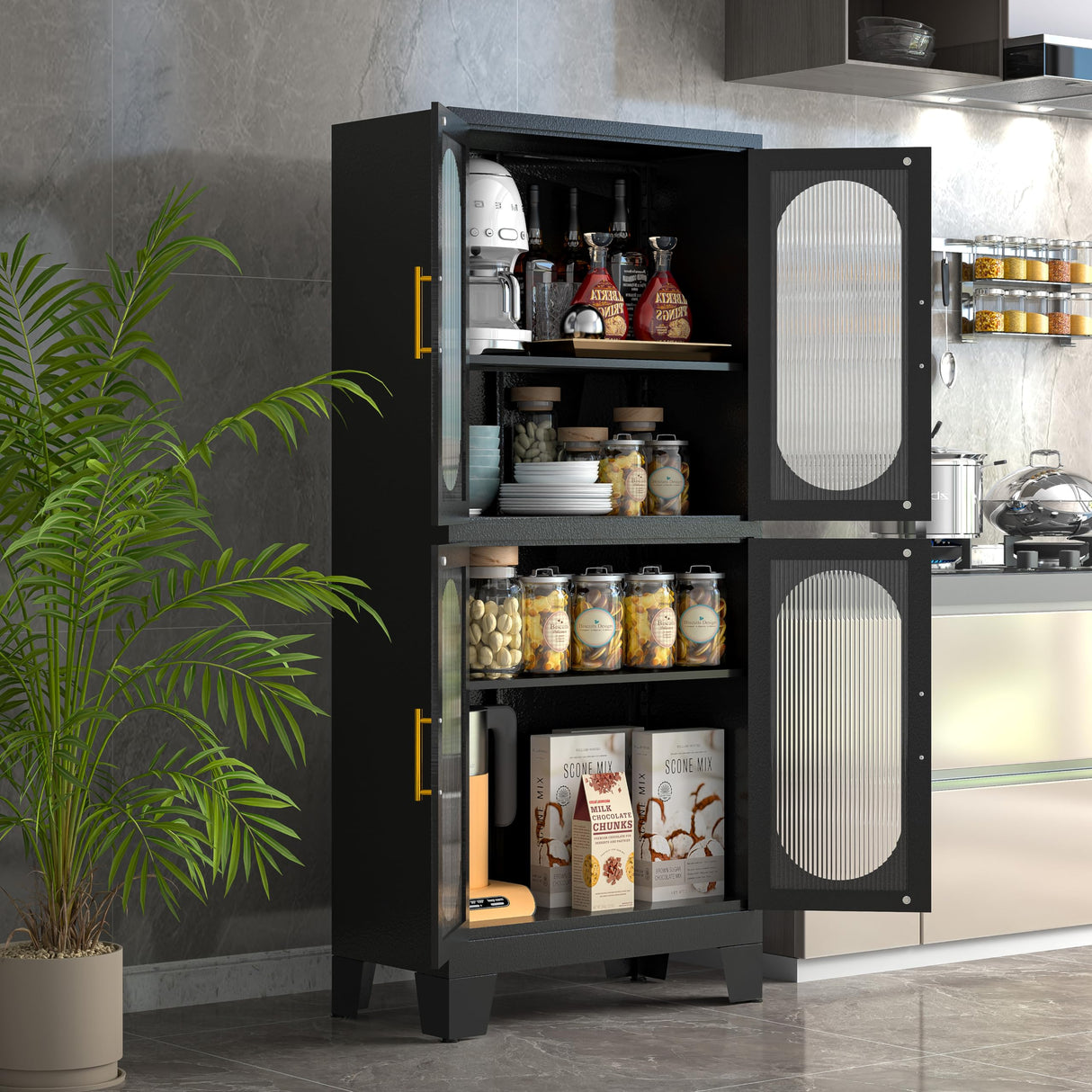 GAIOUS Black Kitchen Pantry Cabinet, Pantry Storage Cabinet with Acrylic Glass Doors and Adjustable Shelves, Metal Storage Cabinet for Kitchen, GAIOUS