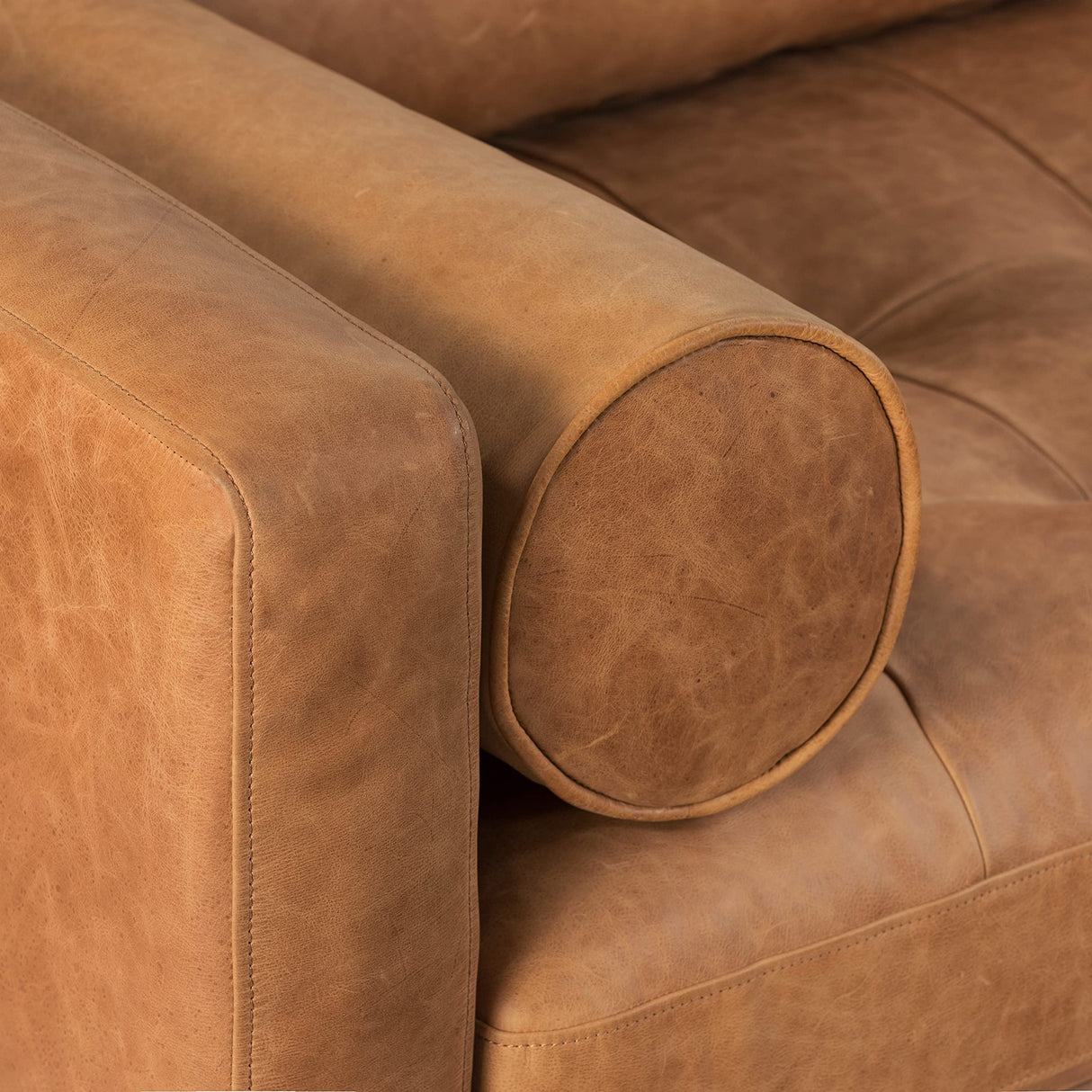 POLY & BARK Cognac Tan Brown Leather Couch - 88.5" Mid Century Leather Sofa with 2 Bolsters - Full Grain Camel Leather Couch - Feather-Down Topper On Seating Surface - Pure-Aniline Italian Leather POLY & BARK