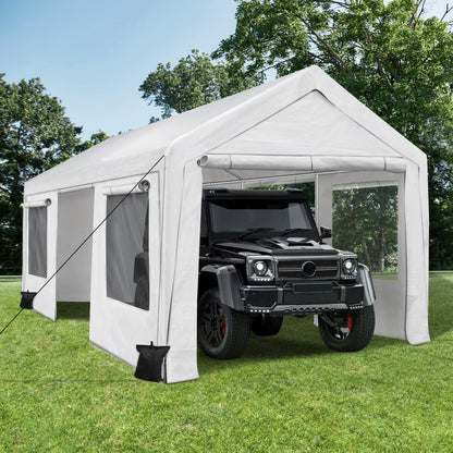 QZEN Carport 10x20ft Portable Garage, Heavy Duty Car Canopy with Roll-up Ventilated Windows & Side Doors, Car Port for SUV, F150, Car, Truck, Boat (10' x 20'White) - WoodArtSupply