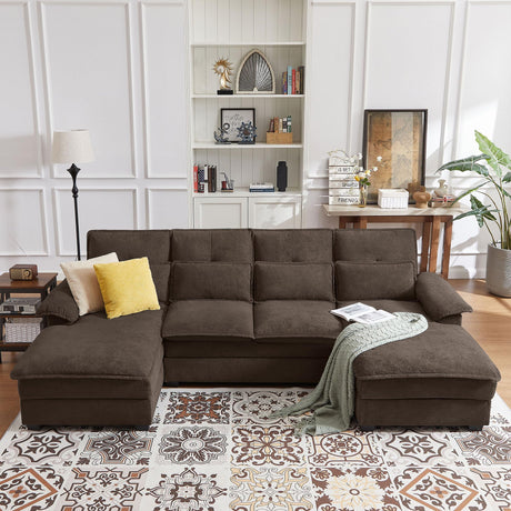 Enobala 110" Comfy Cloud Couch Sectional Sofa with Lumbar Pillows, Modern U-Shaped Cloud Sofa with Double Chaise & Deep Seat for Living Room, or Office, Easy Assembly, Dark Coffee Enobala