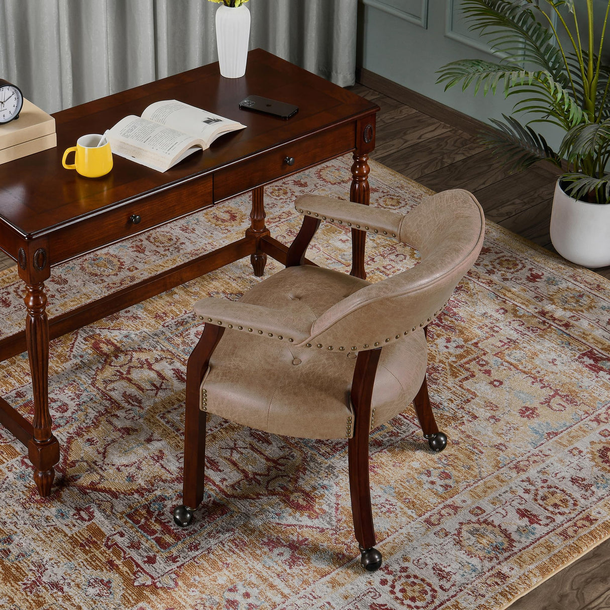 LEEMTORIG Dining Chairs with Casters and Arms, Rolling Dining Chairs with Wheels, Solid Wood Office Desk Chairs, 26“Dx25.2 Wx31.5“H, Cherry Legs & Yellowish Brown Fabric SY-1533-LT LEEMTORIG