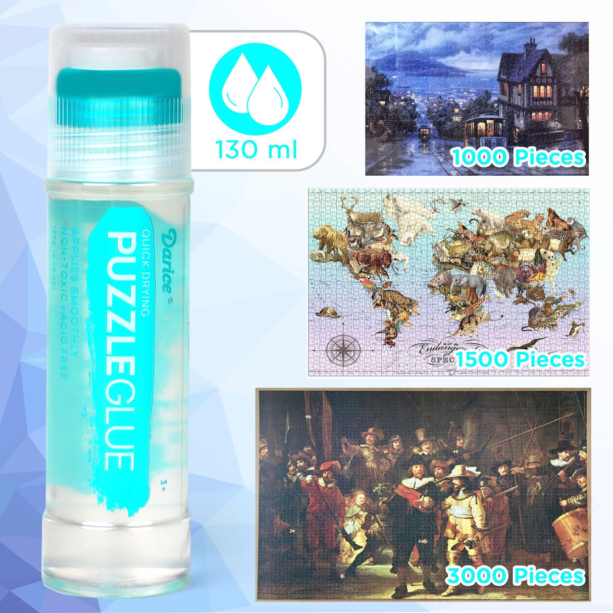Darice Jigsaw Puzzle Glue Clear, Easy-On Applicator Head, Quick-Drying Pack of 2 Non-Toxic Jigsaw Puzzle Saver Glue for 1000/1500/3000 Piece Puzzles - 130ml X2 Bottle Darice