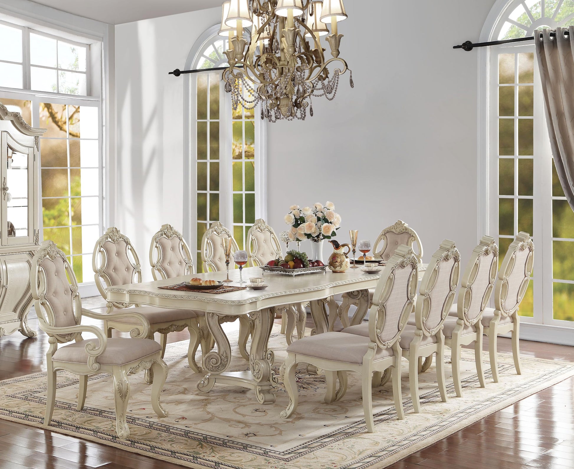 Kitchen Furniture Set 11pc Formal Dining Table Set includes 1 Table, 8 Side Chairs and 2 Arm Chairs, Set for 10 Persons (Antique White) - WoodArtSupply