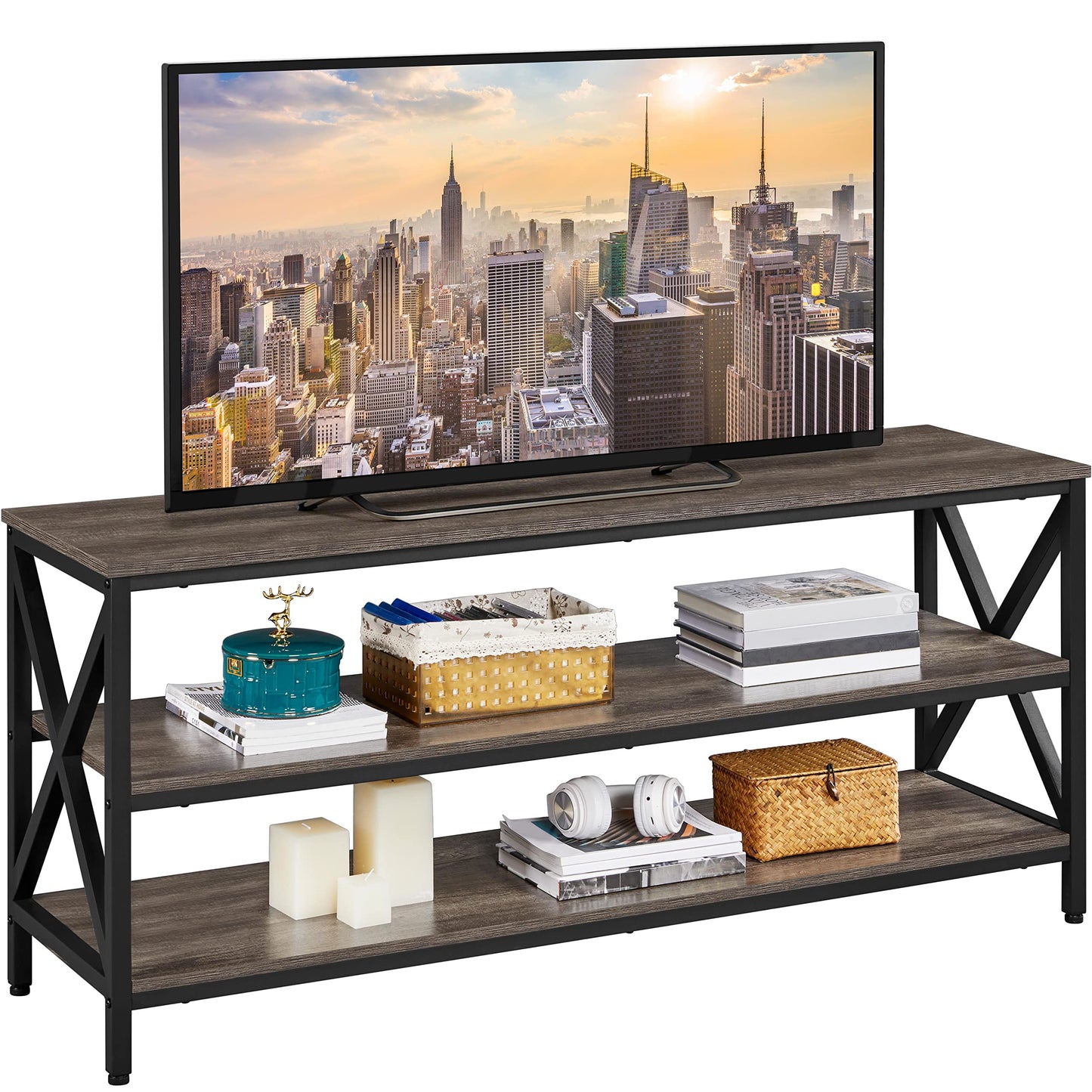 Yaheetech TV Stand for 65 Inch TV, 55 Inch Entertainment Center with 3 Tier Storage Shelves & Sturdy Metal Frame, Industrial TV Console for Living Room, Taupe Wood - WoodArtSupply