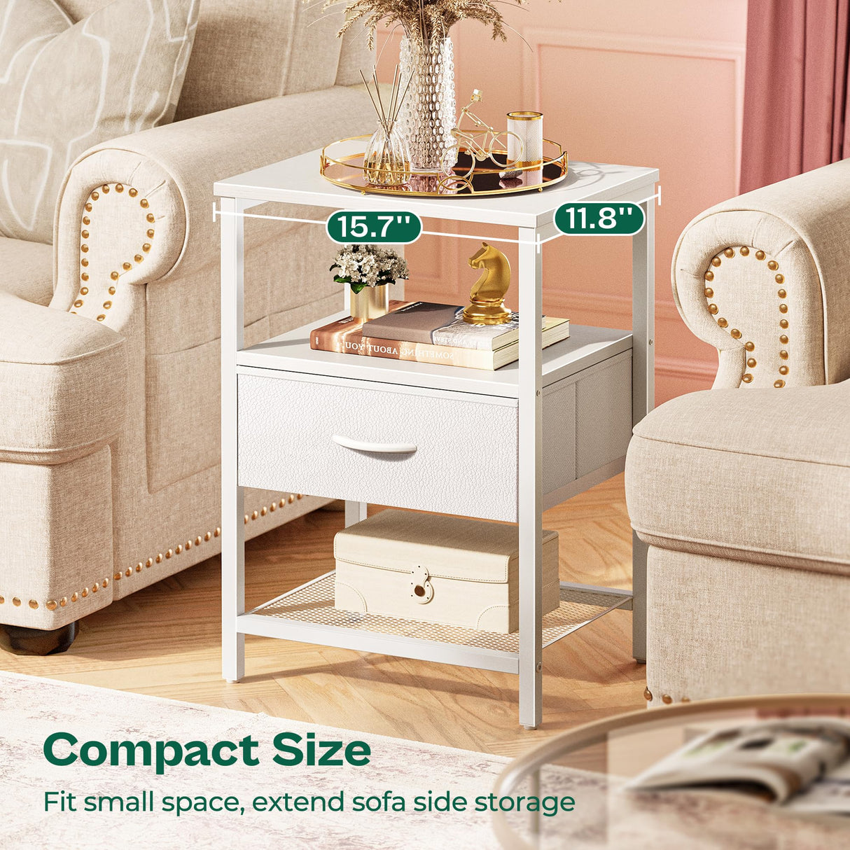 Huuger Night Stand with Fabric Drawer, Side Table with Mesh Shelf, Bedroom Nightstand, Fabric Drawer Dresser, Open Shelf, Metal Frame, Couch Side, White Huuger