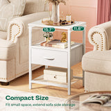 Huuger Night Stand with Fabric Drawer, Side Table with Mesh Shelf, Bedroom Nightstand, Fabric Drawer Dresser, Open Shelf, Metal Frame, Couch Side, White Huuger