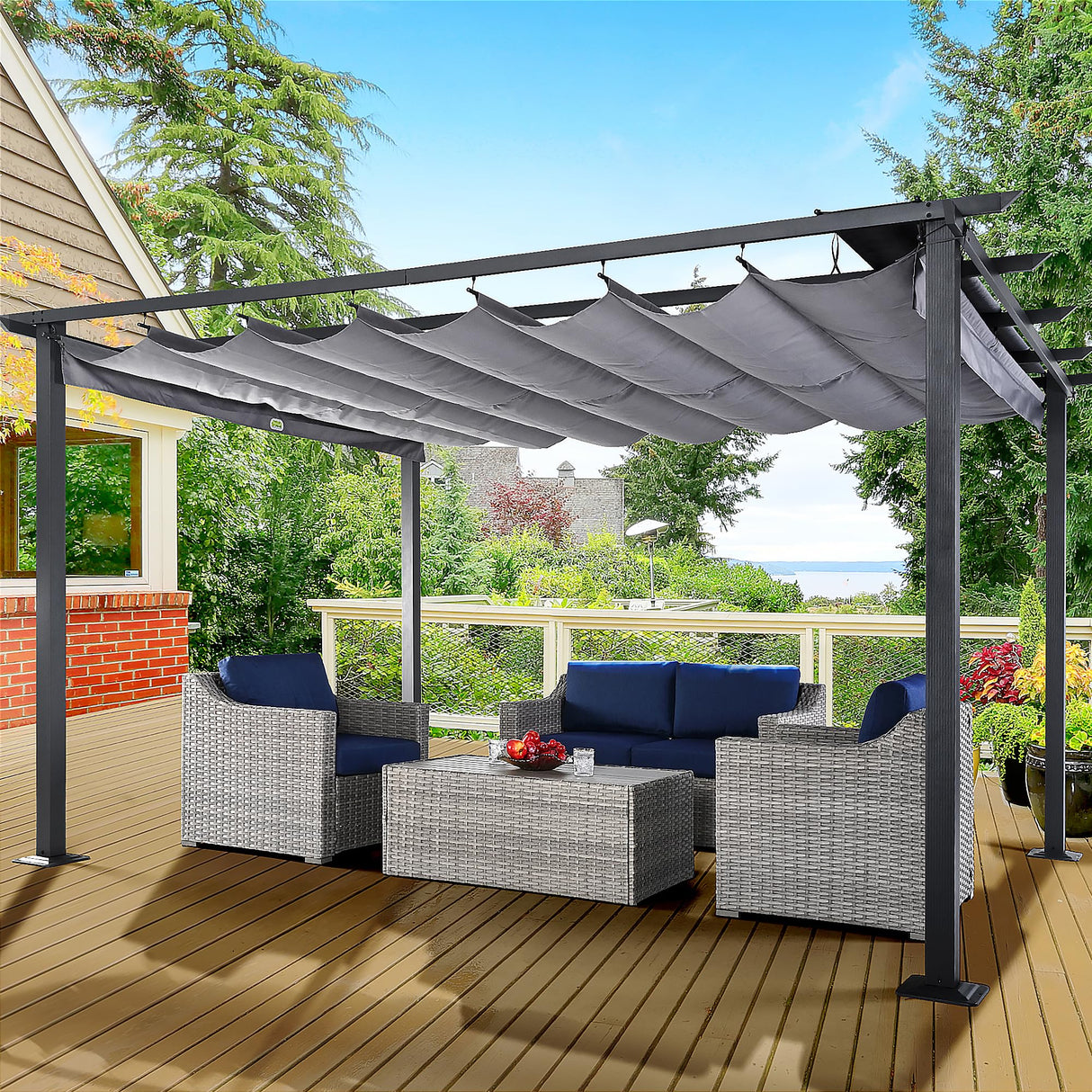 HAPPATIO 10' X 13' Outdoor Retractable Pergola Canopy for Deck, Backyard, Patio, Aluminum Pergola with Sun Canopy, Includes Ground Studs and Expansion Screws (Grey) HAPPATIO