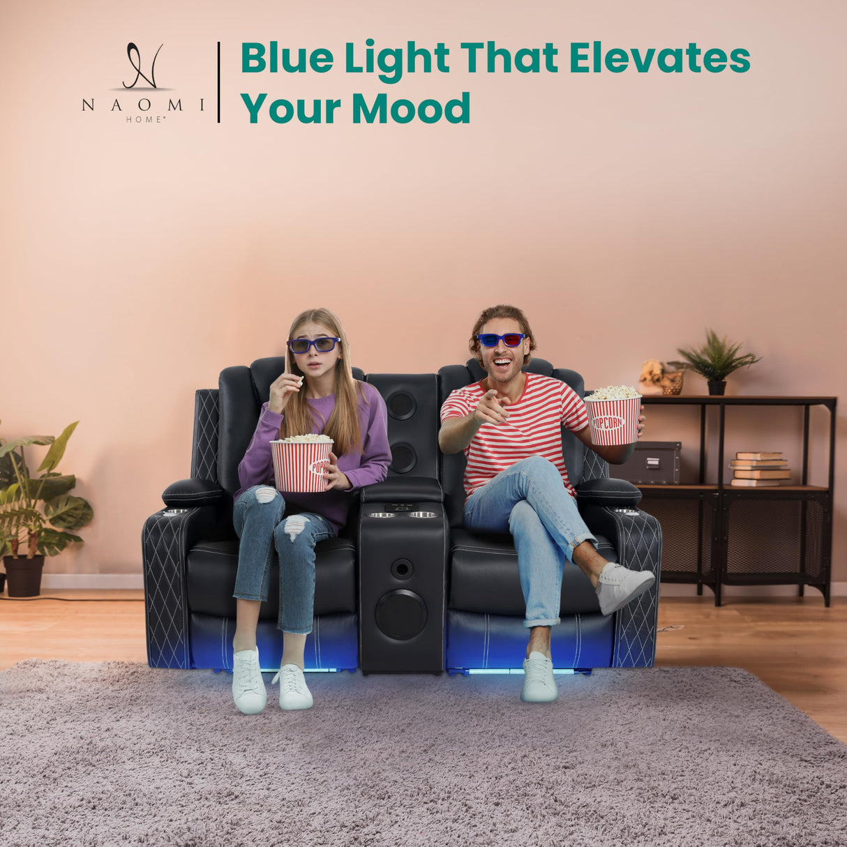 Home Theater Seating, Gaming Chairs for Adults, Wireless Charging Movie Theater Chairs, Power Recline Loveseat with 6 Cup Holders and Tray, Powerful in-Built Speaker, USB Ports, Air Leather – Black Naomi Home