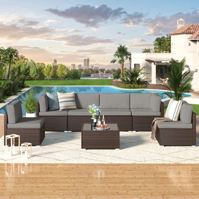 U-MAX 7 Piece Outdoor Patio Furniture Set, PE Rattan Outdoor Brown Wicker Furniture, Outdoor Sectional Furniture Chair Set with Cushions and Tea Table, Brown Rattan and Dark Grey Cushion