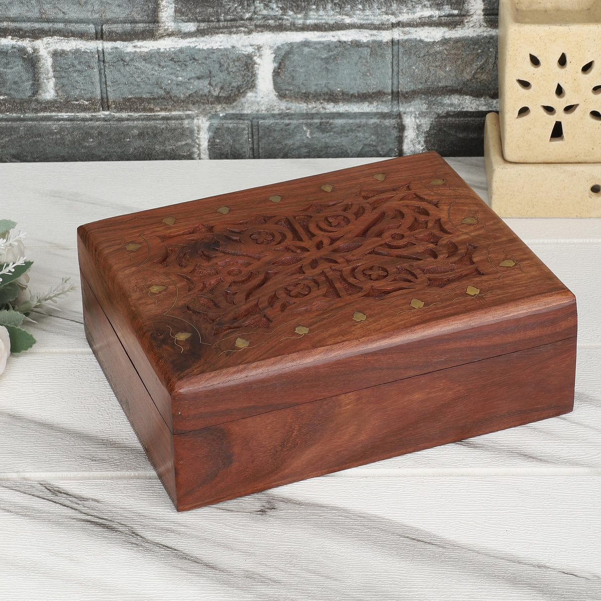 Ajuny Wooden Hand Carved Decorative Treasure Chest Trinket Jewelry Box Large Celtic Design Multipurpose Use Necklaces Watch Storage Organizer keepsake Holder Great for Gifts - 9x7 Inch Ajuny