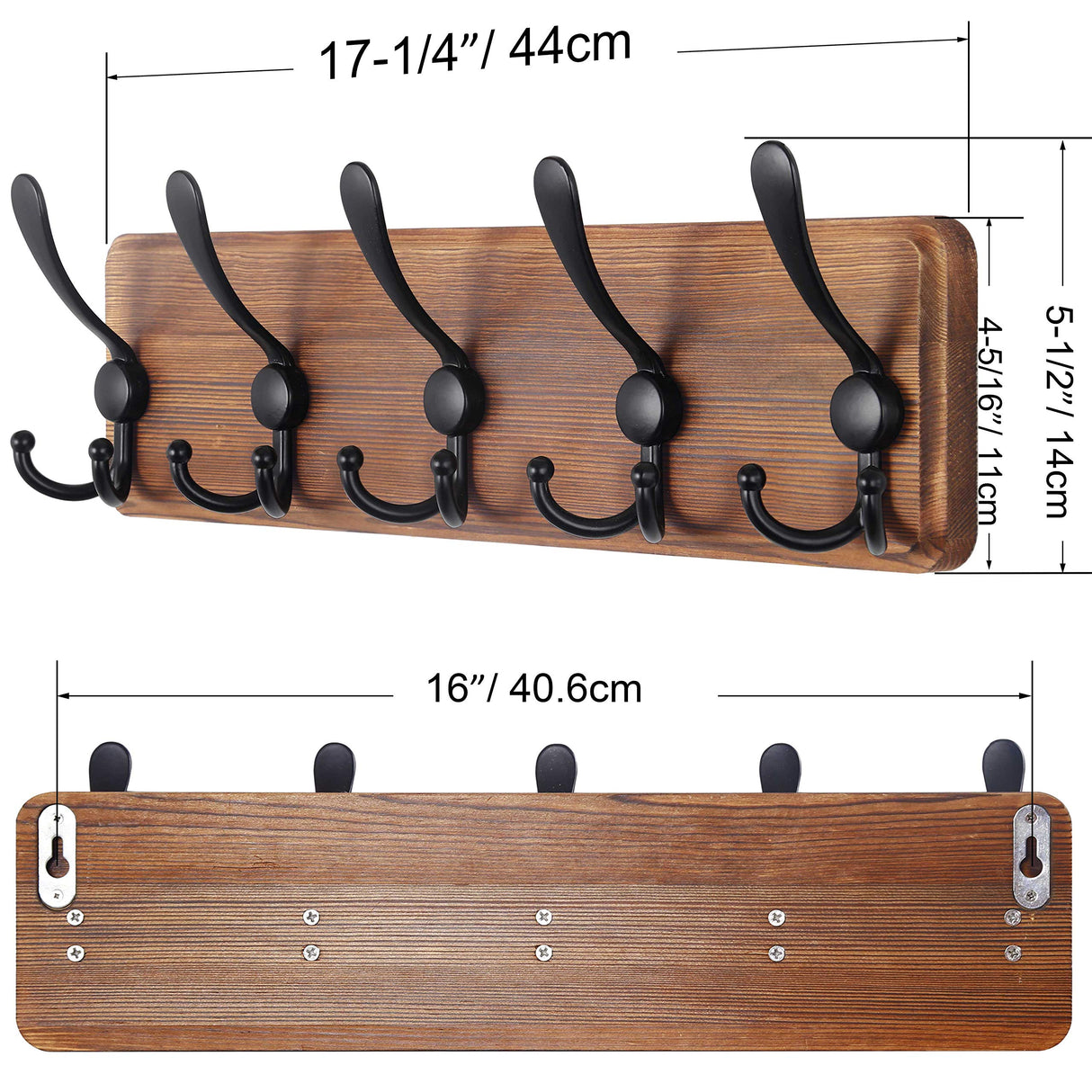 SKOLOO Rustic Wall Mounted Coat Rack: 16" Hole to Hole, Pine Real Wood Plank Wall Coat Rack with 5 Triple Hooks, Farmhouse Coat Hanger Wall Mount for Hanging Backpack Jacket Coat Hat SKOLOO