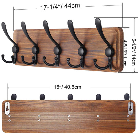 SKOLOO Rustic Wall Mounted Coat Rack: 16" Hole to Hole, Pine Real Wood Plank Wall Coat Rack with 5 Triple Hooks, Farmhouse Coat Hanger Wall Mount for Hanging Backpack Jacket Coat Hat SKOLOO