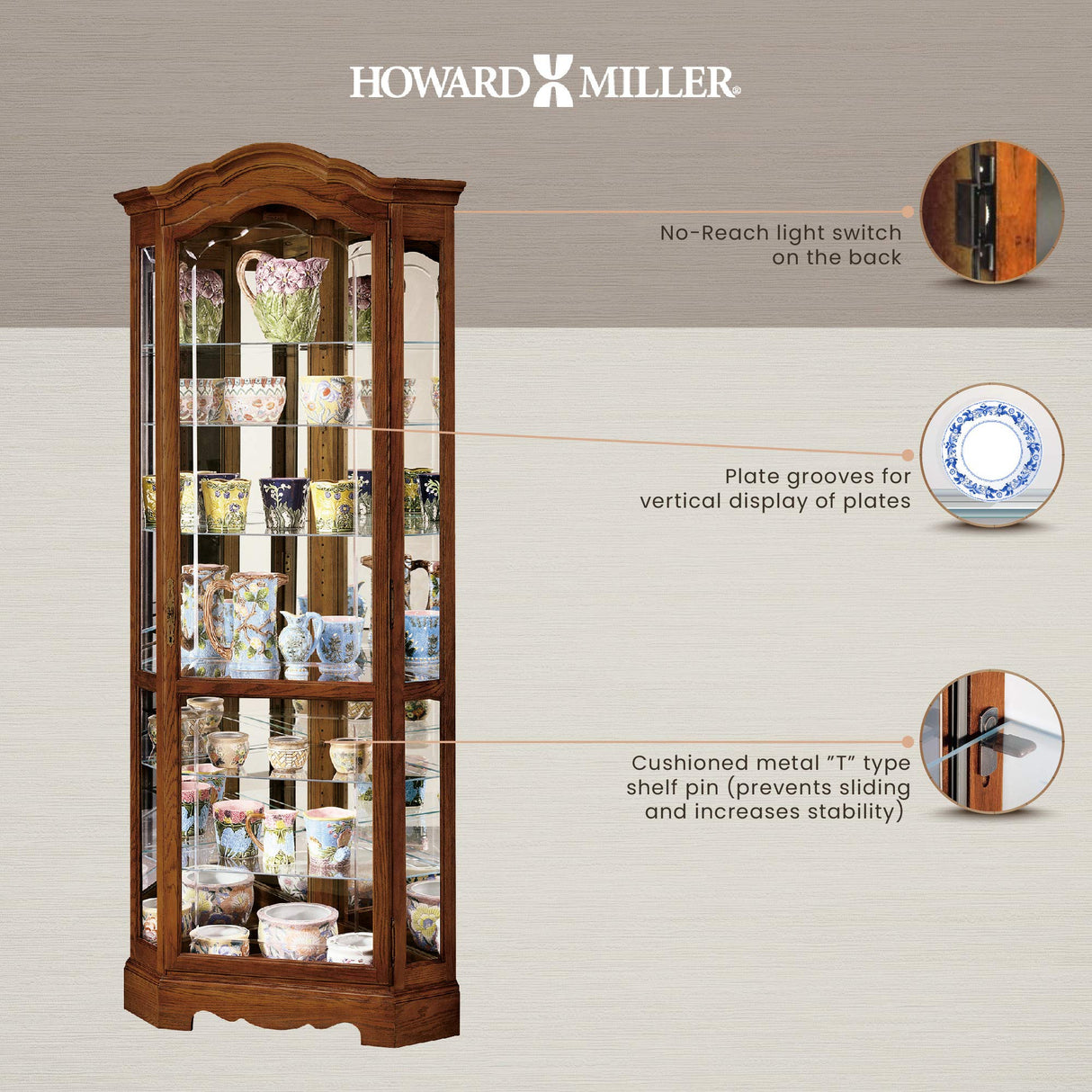 Howard Miller Jamestown II Corner Curio Cabinet 680-250 – Oak Yorkshire Finish Home Decor, Seven Glass Shelves, Eight Level Display Case, Locking Front Door & Halogen Light Howard Miller