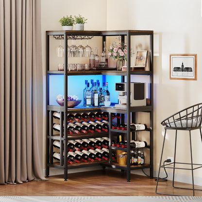 YITAHOME Corner Bar Cabinet, Industrial Wine Cabinet w/Power Outlet ＆ LED Light, 5-Tier L Shaped Liquor Cabinet Bar Unit for Home w/Glass Holder, Corner Open Display Cabinet for Home, Rustic Brown