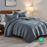 palassio Striped Blue Grey 100% Cotton Quilt King Size Bedding Sets, Lightweight Crinkly Channel Pick Stitch Textured Bedspread Soft Shabby Chic Farmhouse Country Coverlet for All Season, 2 Shams palassio
