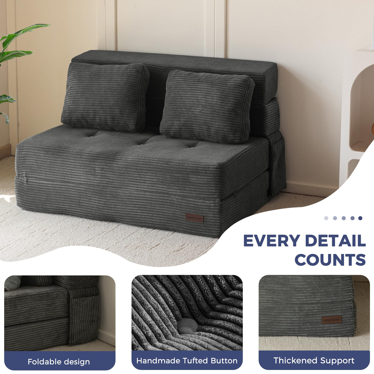 MAXYOYO Convertible Sofa Bed, Fold Out Loveseat Sleeper Sofa with Pillow, 4 in 1 Tufted Folding Couch Bed Foam Floor Couch, Lazy Chair for Living Room Bedroom Guest Room, Dark Grey MAXYOYO
