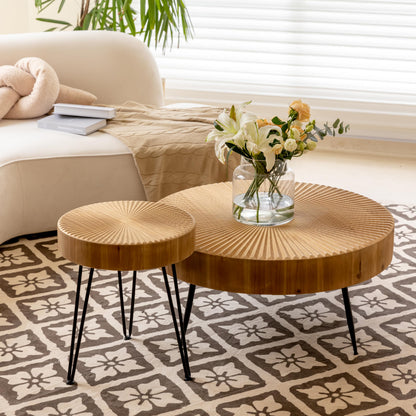 COZAYH 2-Piece Modern Farmhouse Coffee, Nesting Round Natural Finish with Handcrafted Wood Radial Pattern living room table sets, 31.5D x 31.5W x 14.2H - WoodArtSupply