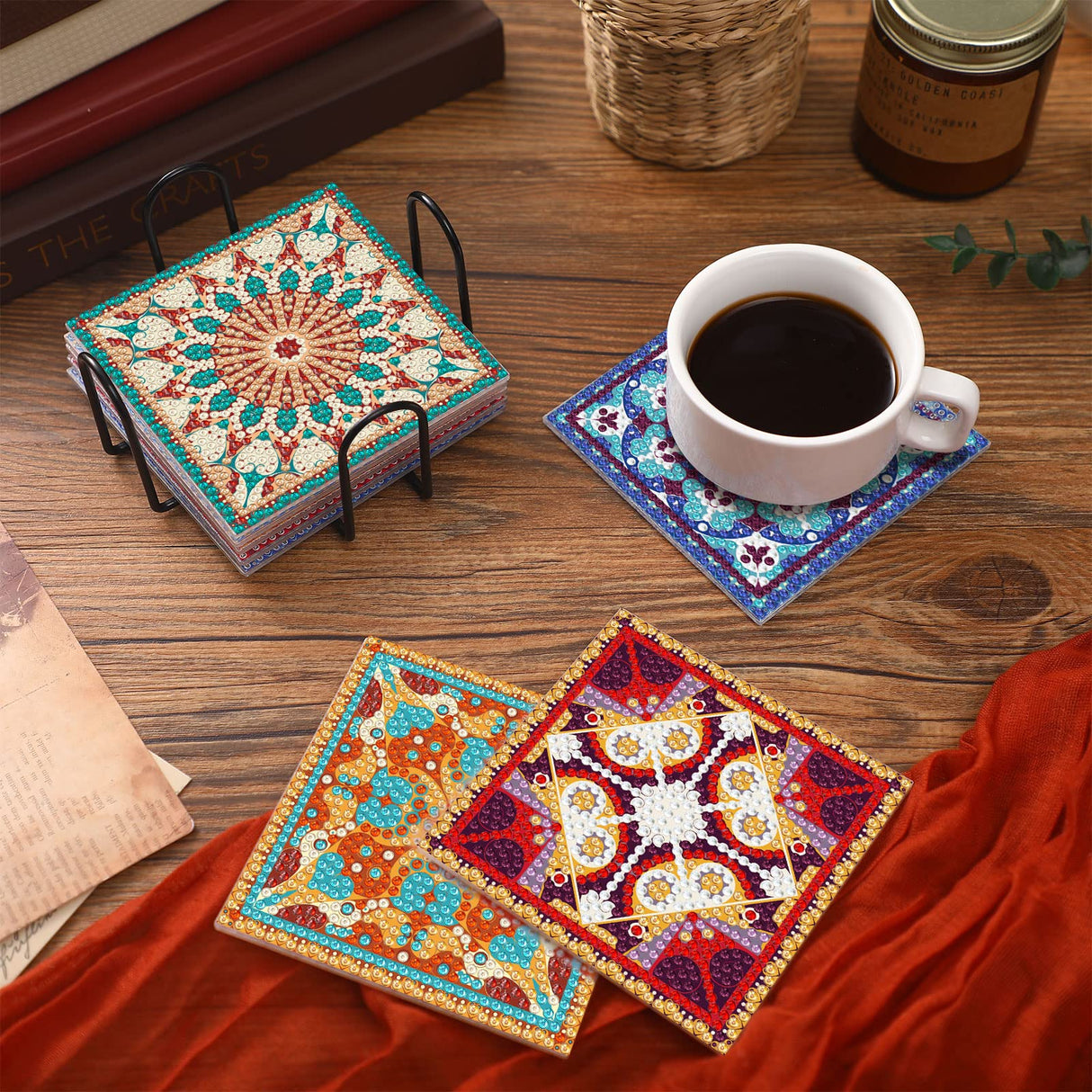 Purpeak 8 Pcs Diamond Coasters Diamond Painting Coasters DIY Mandala Kits with Holder Square Boho Paisley Art 5d Kits for Beginners Adults Craft Purpeak