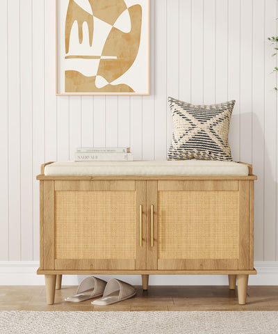 Akxomel Natural Rattan Shoe Storage Bench with Cushion, Entryway Shoe Cabinet Bench with 2 Doors, 15"D x 31.5"W x 20"H, Wooden Shoe Organizer, Adjustable Shelf, Solid Wood Legs, for Hallway, Bedroom