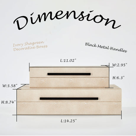 Denique Shagreen Decorative Boxes Set of 2, Leather Jewelry Storage Box Modern Storage Boxes with Lids, Ivory Stacking Boxes with Black Metal Handles Home Organizer Box Denique