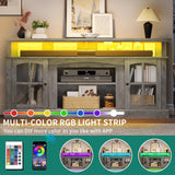 YITAHOME LED Farmhouse TV Stand for TV up to 75 Inch w/Outlets, Highboy Media Entertainment Center Console Table Adjustable Storage Shelves &Cabinet Glass Door for 360lbs for Living Room, Rustic Grey YITAHOME