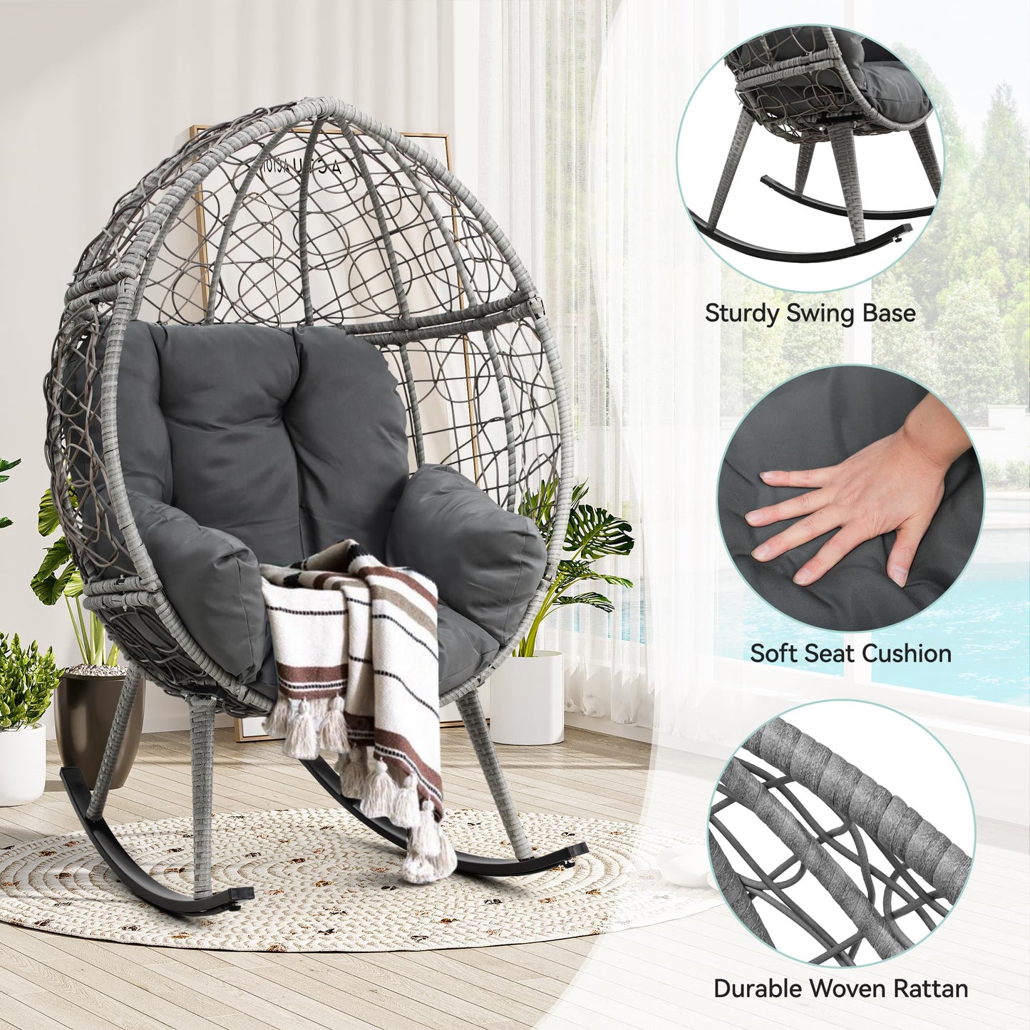 YITAHOME Outdoor Rocking Egg Chair with Cushioned Comfort, Wicker Patio Rocker 250lb Capacity, Anti-Slip, All-Weather Resilient Rattan Design for Indoor & Outdoor Relaxation Spaces, Grey