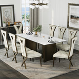 Anewsun 9 Piece Dining Table Set, Brushed Bronze Dining Room Table Set with 78 inch White Stone Table and 8 White Chenille Dining Chairs Anewsun