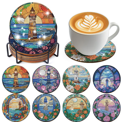 Sitsink Landscape Diamond Painting Coasters - 8 Pcs Lighthouse Diamond Art Kits for Adults, Gem Art Painting Coasters Kit with Holders