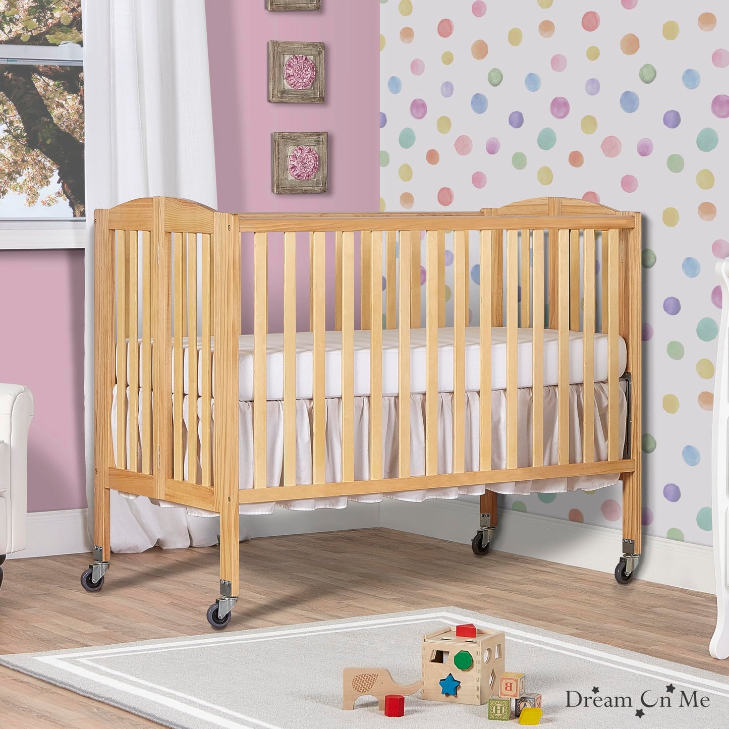 Dream On Me Folding Full Size Convenience Crib In Natural, Two Adjustable Mattress Height Positions, Comes With Heavy Duty Locking Wheels, Flat Folding