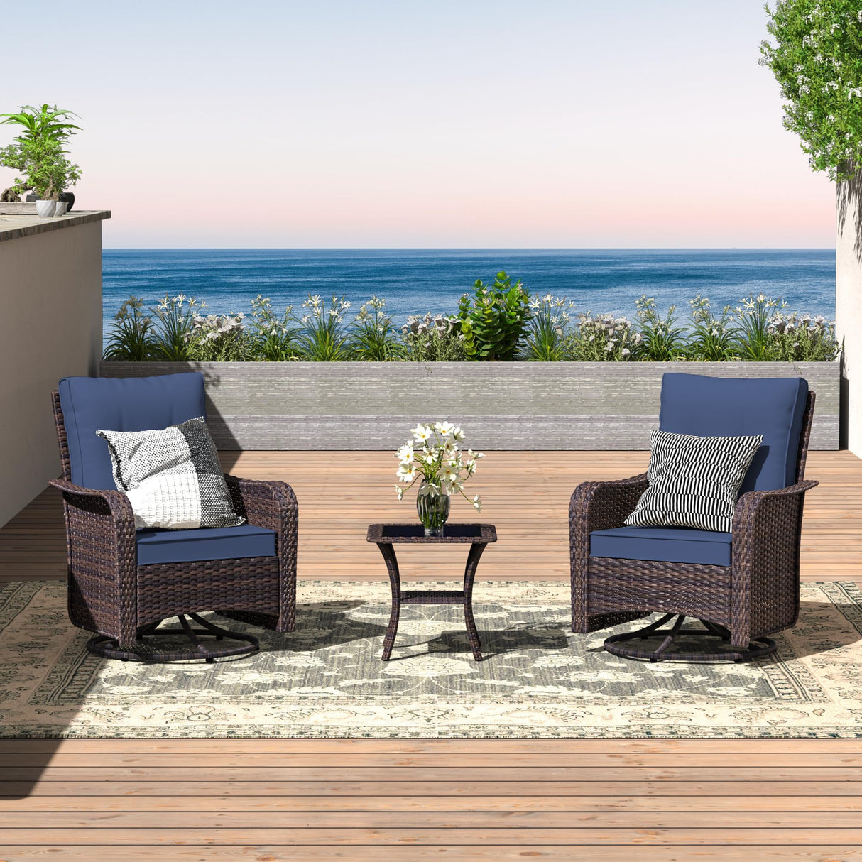 ALAULM 10 Pieces Patio Furniture Set with 2 Swivel Chairs Wicker Patio Conversation Set, Outdoor Sectional Furniture w/Coffee Table & Washable Seat Cushions-Dark Blue ALAULM