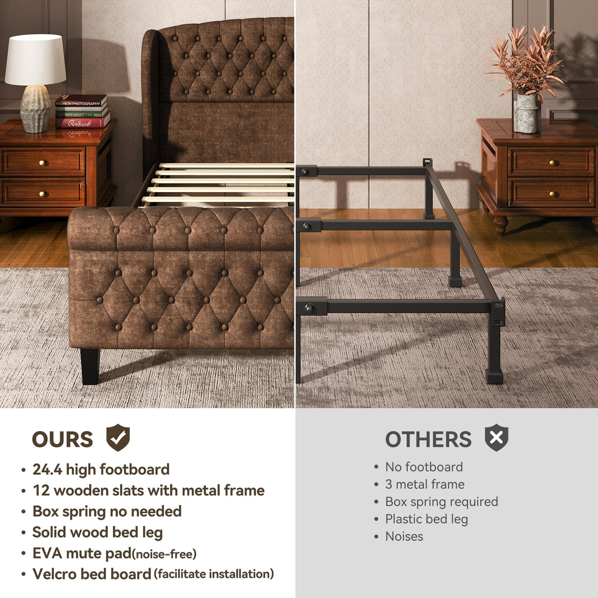 BedsPick Sleigh Queen Bed Frame with Wingback Headboard, Chenille Upholstered Bed Frame Queen Size with Button Tufted Scroll Footboard, Wood Slats Support/No Noise/Easy Assembly/No Box Spring Needed BedsPick