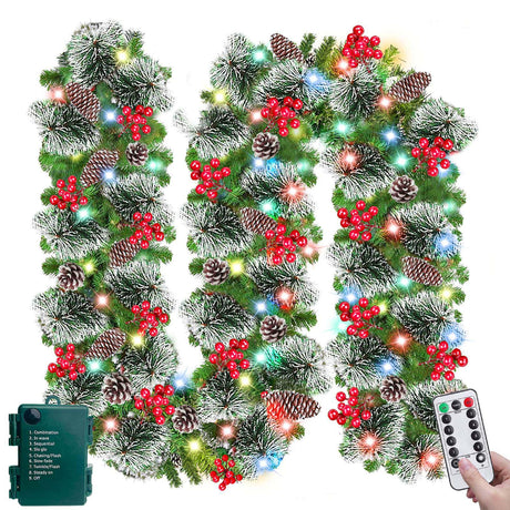 [ Remote Control & Timer 8 Modes ] TURNMEON 9Ft Christmas Garland with 50 Colorful Lights Thicker 300 Branches Tips 18 Pinecones 198 Red Berries Prelit Lighted Garland Christmas Decorations Mantel TURNMEON
