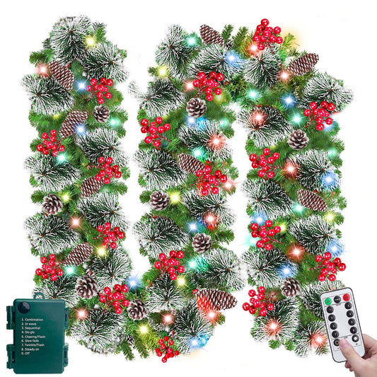 [ Remote Control & Timer 8 Modes ] TURNMEON 9Ft Christmas Garland with 50 Colorful Lights Thicker 300 Branches Tips 18 Pinecones 198 Red Berries Prelit Lighted Garland Christmas Decorations Mantel