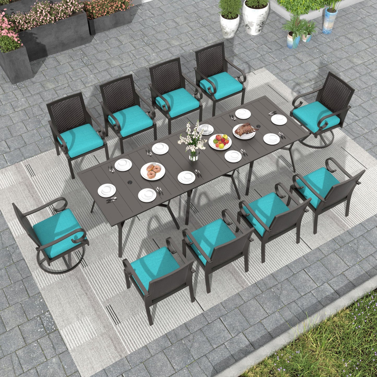 RTDTD 13 Pieces Outdoor Dining Set Patio Dining Table and Chairs Set Outdoor Furniture Set with 3 Square Metal Dining Tables with Umbrella Hole，10 Wicker Patio Chairs with Blue Cushions - WoodArtSupply