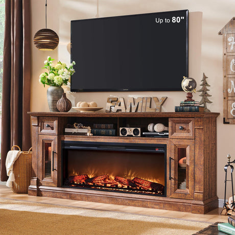 OKD Farmhouse Fireplace TV Stand for 80 Inch TV, Entertainment Center with 42" Fireplace & LED Lights, Modern Media Console Table with Storage Drawers & Cabinets, Reclaimed Barnwood Color OKD
