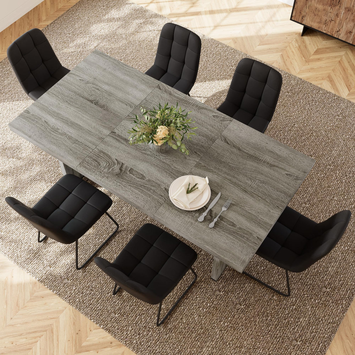 HIPIHOM 7-Piece Dining Table Set for 6-8 People, 70.8" MDF Kitchen Table with 6 Upholstered Chairs, Space-Saving for Dining Room, Breakfast Nook(Grey Table+6 U-Shaped Black Chairs) HIPIHOM