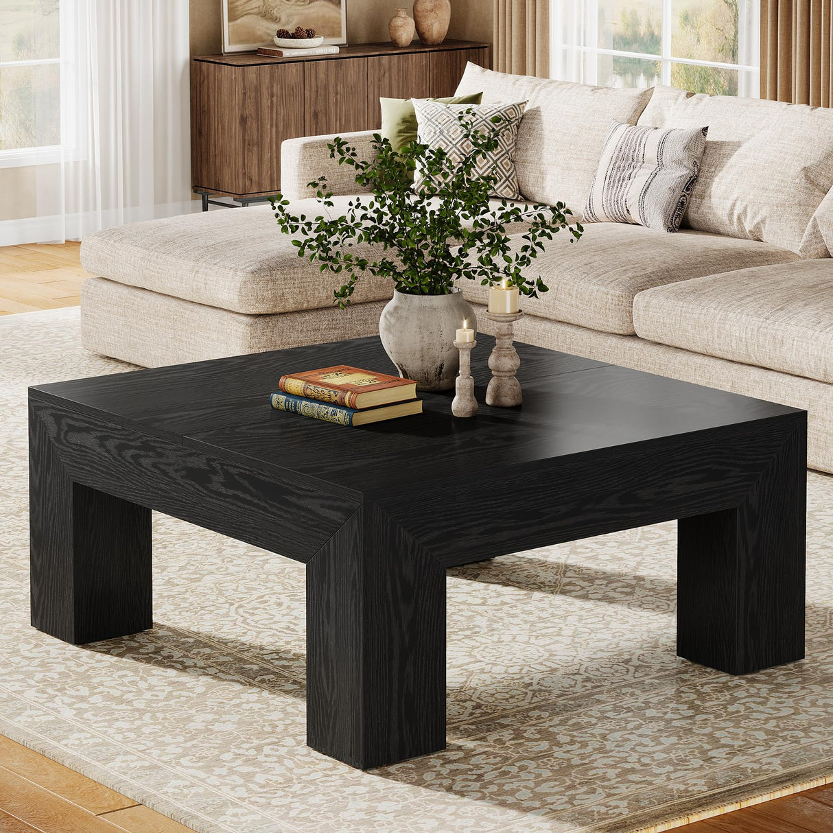 Tribesigns 39.4-Inch Square Coffee Table for Living Room, Farmhouse All MDF Accent Center Cocktail Table with Sturdy Wooden Legs, Easy Assembly, Black Tribesigns