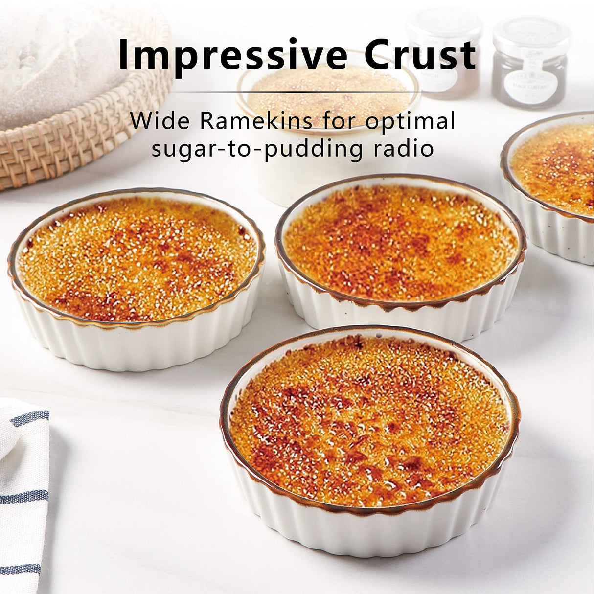 ONEMORE Ramekins 4 oz - Oven Safe Shallow Ramekins with Brown Rim for Creme Brulee - Speckled, Fluted, Set of 6 ONEMORE