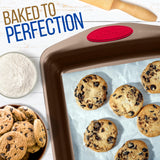 NutriChef 5-Piece Baking Pan Set - Carbon Steel Stackable Bakeware with Red Silicone Handles & Nonstick Coating, Includes Cookie Sheets, Roaster Pan with Lid, Loaf Pan, and 12 Cup Muffin Pan (Gold) NutriChef