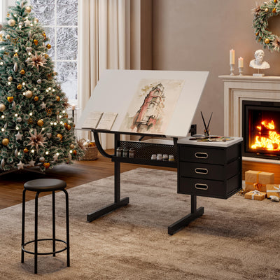 Drafting Table Art Table Adjustable Drawing Table Tilted Tabletop, Craft Table, with Storage Drawers and Stool, Crafting Desk with Storage for Painting Diamond Reading Writing Study (White A)