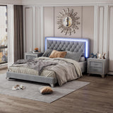 Elegant LED Velvet Platform Bed Frame with Tufted Headboard and Nightstands - 3-Piece Bedroom Set in Grey Merax